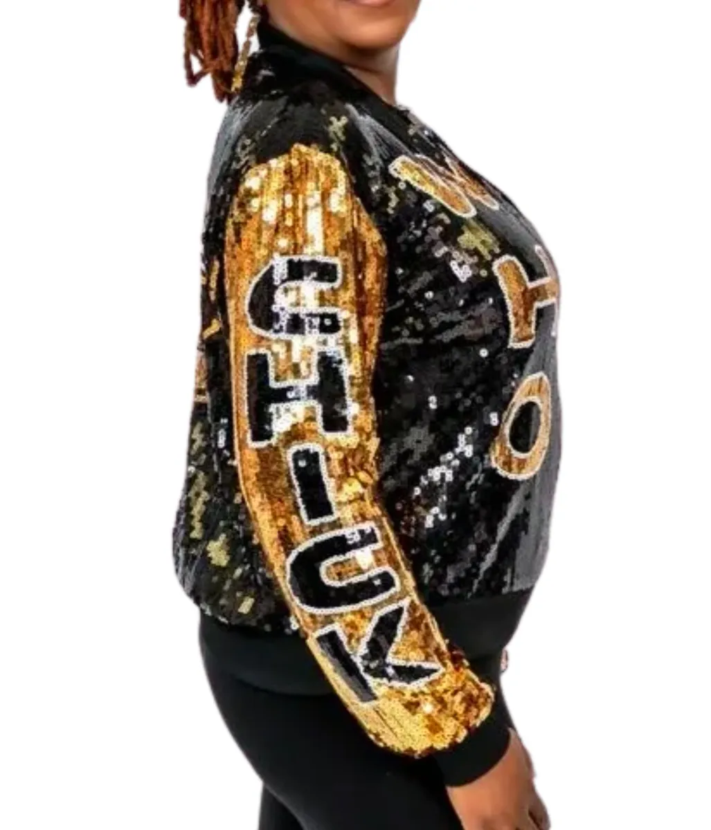 Who Dat Chick Black & Gold Sequin Bomber Jacket