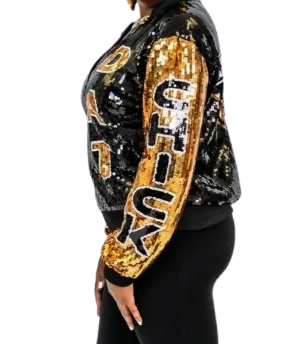 Who Dat Chick Black & Gold Sequin Bomber Jacket