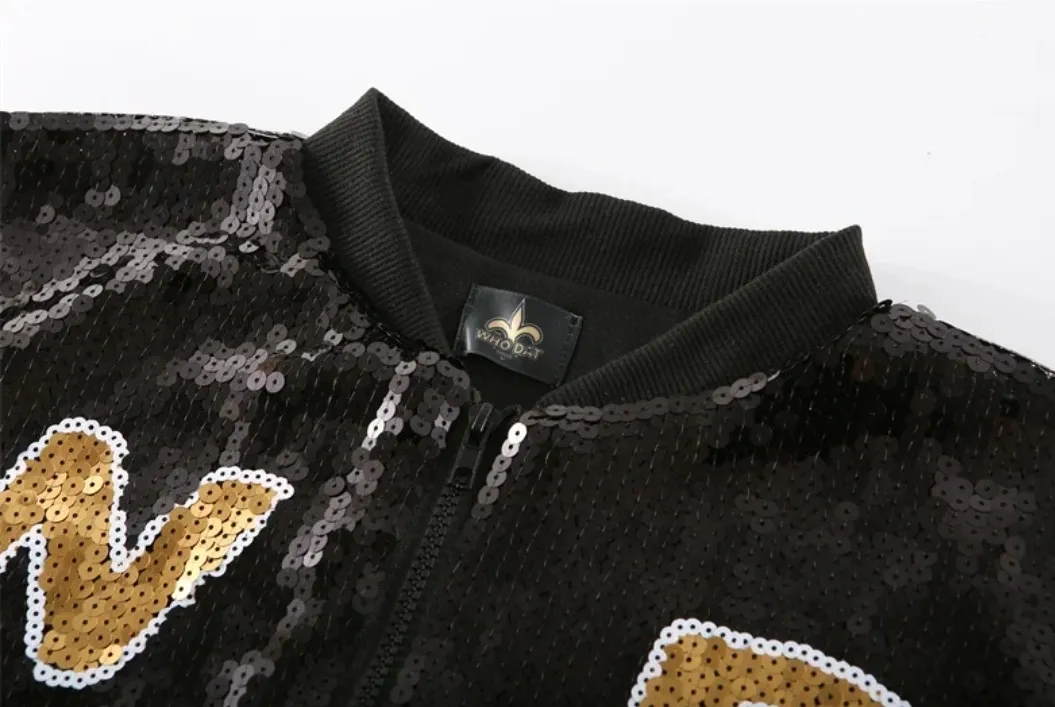 Who Dat Chick Black & Gold Sequin Bomber Jacket