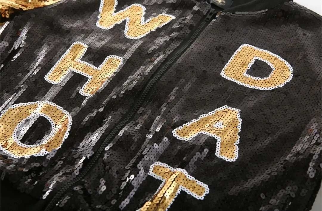 Who Dat Chick Black & Gold Sequin Bomber Jacket