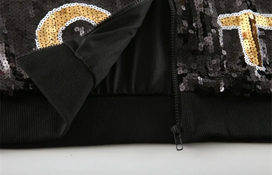 Who Dat Chick Black & Gold Sequin Bomber Jacket