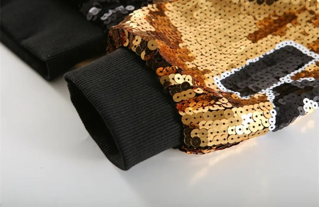 Who Dat Chick Black & Gold Sequin Bomber Jacket