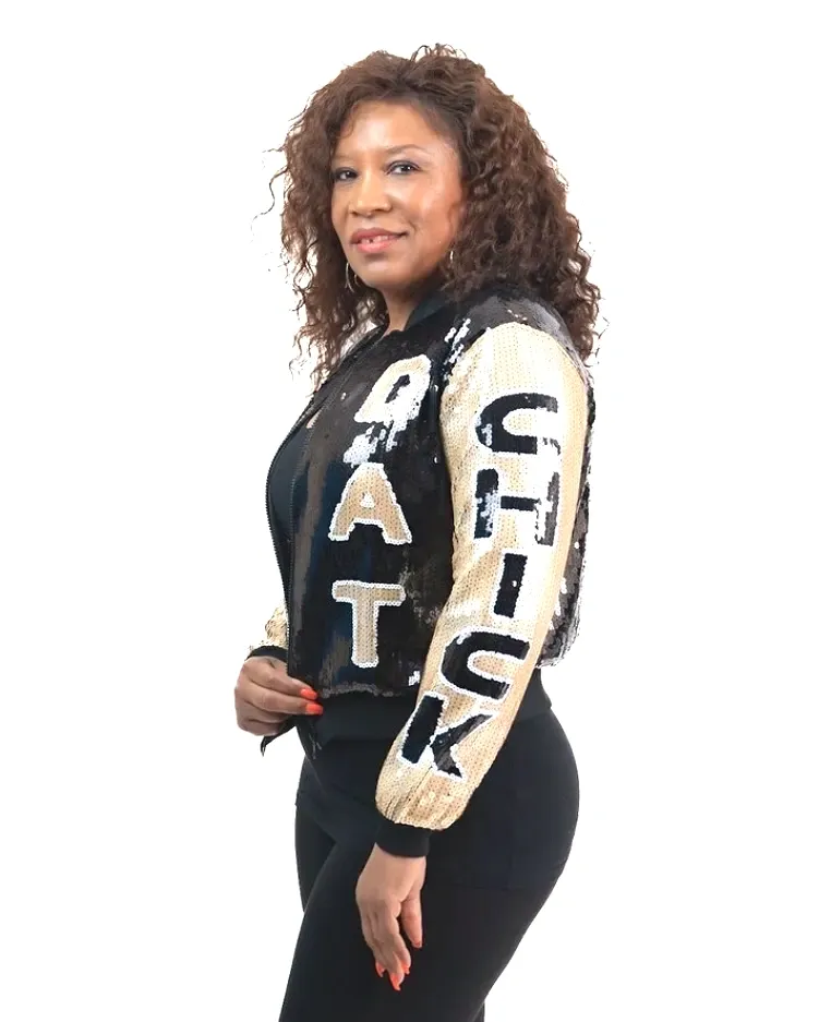 Who Dat Chick Black & Gold Sequin Bomber Jacket #2